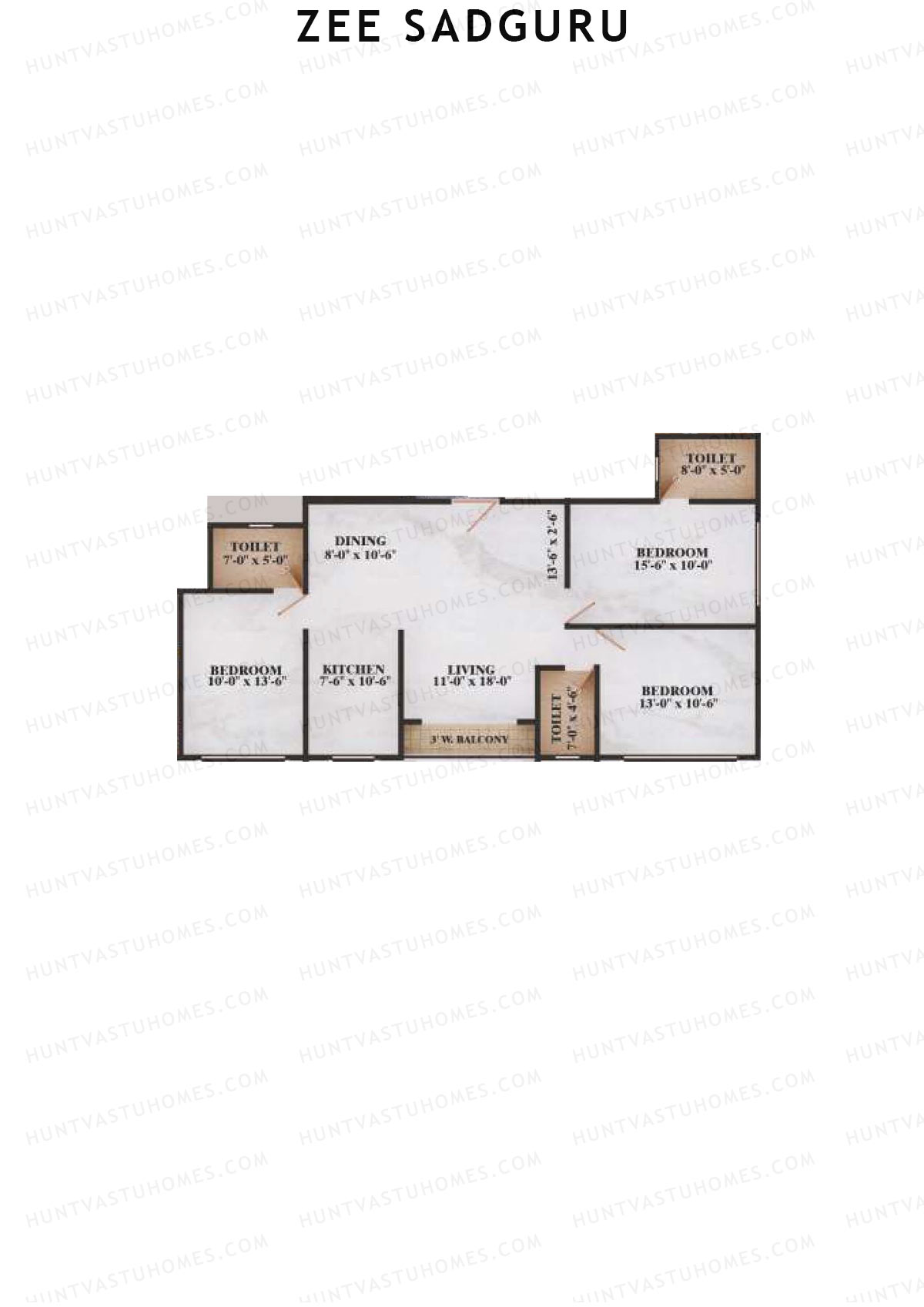 Zee Sadguru, Wing C, Unit 2, 3BHK, Carpet Area 1015   sq ft 